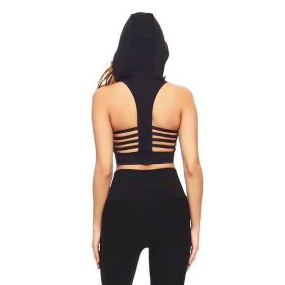 Black Caged Back Sports Bra with Hoodie - Picture 5 of 5